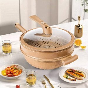 Non-stick terracotta wok with steamer basket